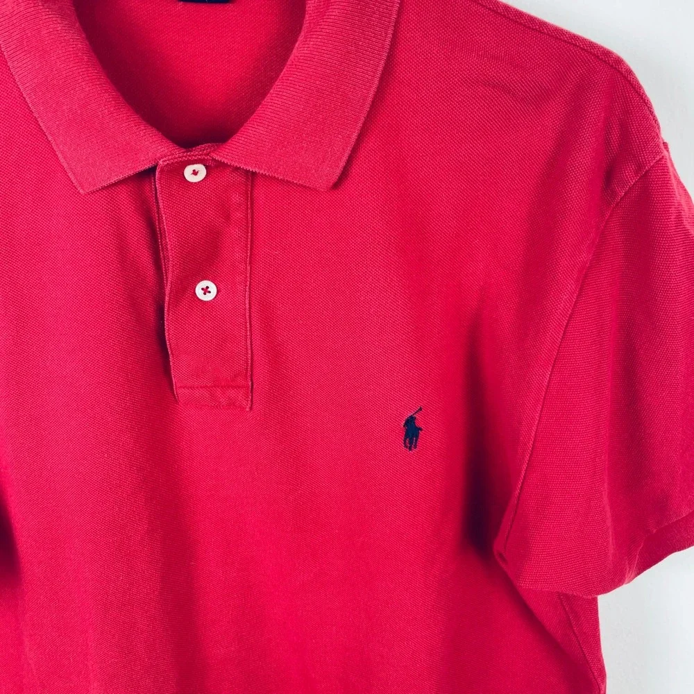 Polo Ralph Lauren Mens Red Short Sleeve Pique Cotton Polo Shirt Size M Navy Pony